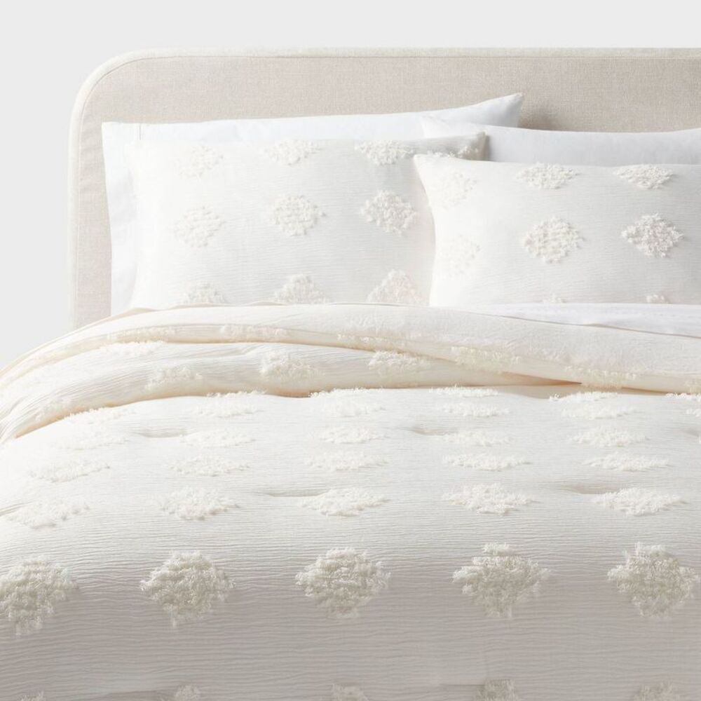 Threshold Jacquard Comforter Set Solid Crinkled Year-Round Ivory Full/Queen